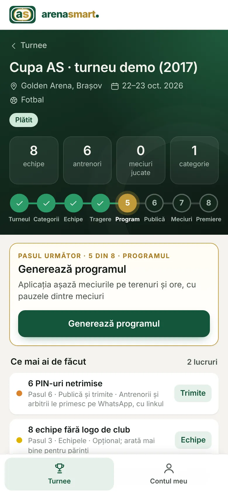 Ghidul turneului în aplicație: pașii colorați și pasul următor
